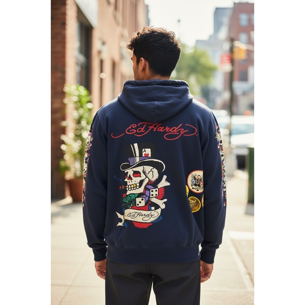RARE VTG Y2K Ed Hardy Cristian‎ Audigier Navy Blue Full Zip Hoodie Size L - NEW
